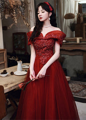 Wine Red Tulle Off Shoulder Floor Length Party Dress, Wine Red Long Prom Dress