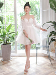 White Tulle Short Sleeves Homecoming Dress, White Party Dress Graduation Dresses