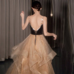 Black Straps V-neckline Layers Tulle Long Party Dresses, Glam Prom Dresses Formal Gown