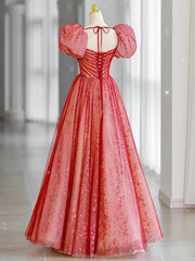 Red tulle lace long prom dress, red tulle formal dress