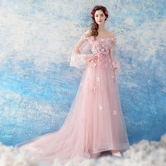 Pink Flowers and Tulle Long Puffy Sleeves Prom Dress, Pink Long Party Dress Evening Dress