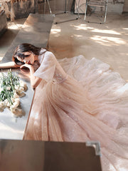 Champagne A-Line Tulle Lace Long Prom Dresses, Champagne Formal Dress