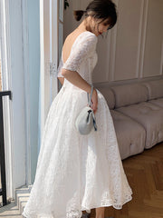 White Lace Short Sleeves Tea Length Wedding Party Dress, White Graduation Dresses