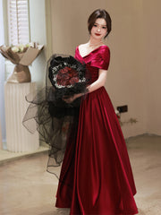 Wine Red Satin A-line Off Shoulder Long Party Dress, Wine Red Simple Prom Dress