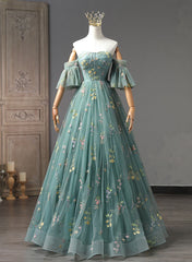 Green Floral Off Shoulder Scoop Long Formal Dress, Floral Prom Dress
