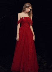 Wine Red Off Shoulder Tulle A-line Evening Dress, Wine Red Tulle Long Prom Dress