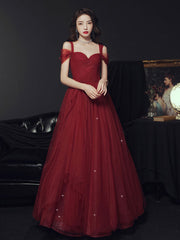 Burgundy A line long prom dress, off shoulder formal graduation dress