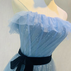 Beautiful Blue Tulle Shiny Long Party Dress with Belt, A-line Blue Formal Dresses