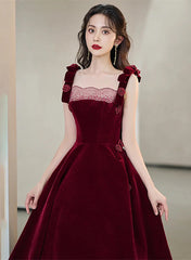 Wine Red Velvet Straps Flowers Lace-up Long Prom Dress, Wine Red Long Party Dress