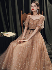 Champagne Tulle A-line Off Shoulder Party Dress, Simple Long Junior Prom Dress