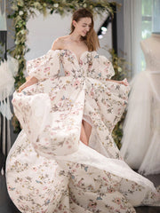 Unique sweetheart neck puff sleeves long prom dress printing evening dress