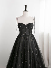Black sweetheart neck tulle long prom dress A line black evening dress