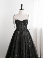Black Sweetheart Tulle Straps Long Evening Dress, Black Formal Dress Party Dresses