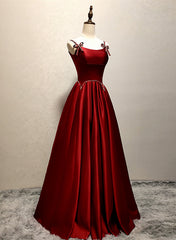 Wine Red Satin Straps Beaded Long Party Dress, Wine Red A-line Prom Dress
