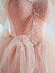 Pink sweetheart neck tulle long prom dress, pink tulle formal dress