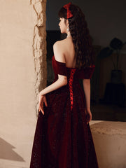 Wine Red Velvet Floor Length Party Dress, A-line Formal Dress Wine Red Prom Dress
