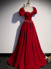 Burgundy A line satin beads long prom dress burgundy evening dress