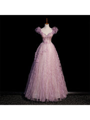 Pink Tulle Long Off Shoulder Party Dress with Flowers, Pink Evening Dress Prom Dress