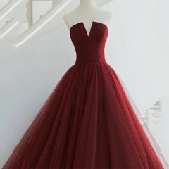 Beautiful Wine Red Tulle Long Floor Length Sweet 16 Dress, Dark Red Evening Gown