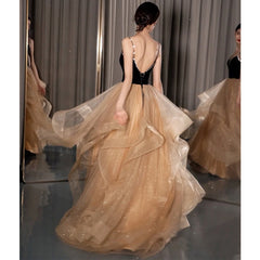 Black Straps V-neckline Layers Tulle Long Party Dresses, Glam Prom Dresses Formal Gown