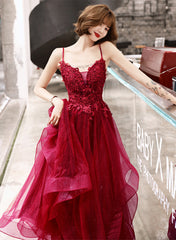 Wine Red Shiny Tulle Layers Straps Party Dress with Lace, V-neckline Prom Dress