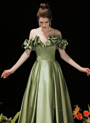 Green Satin Off Shoulder Prom Dress, A-line Green Evening Dress Party Dress