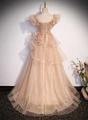Pink Shiny Tulle Sweetheart Long Layers Party Dress, A-line Pink Tulle Formal Dress Prom Dress