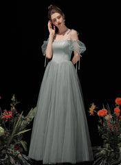 Light Green Tulle and Satin Party Dress, A-line Long Prom Dress Formal Dress