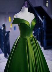 A-line Green Satin Floor Length Party Dress, Green Long Formal Dress