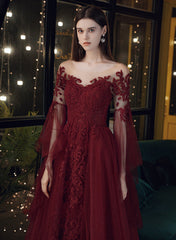 Wine Red Tulle with Lace Applique Long Party Dress, Wine Red Prom Dress