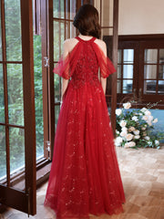 Red Sequins and Beaded Off Shoulder Long Prom Dress, Red A-line Party Dress