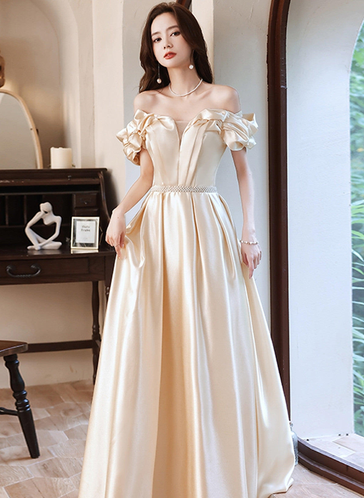 Champagne Satin Long Off Shoulder Prom Dress, A-line Beaded Evening Dress