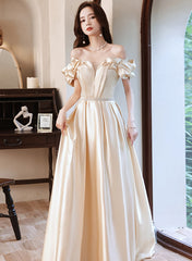 Light Champagne Satin Sweetheart Beaded Party Dress, A-line Satin Prom Dress