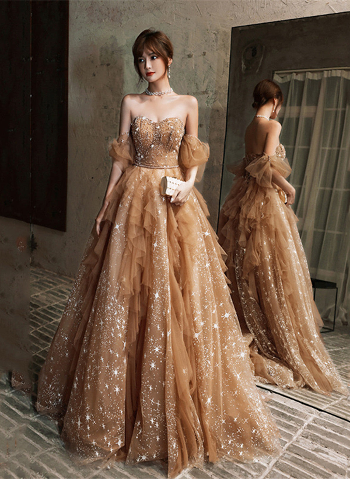 Champagne A-line Tulle Beaded Off Shoulder Prom Dress, Champagne Party Dress