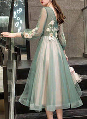 Green Floral Long Sleeves Tea Length Party Dress, Green Bridesmaid Dress