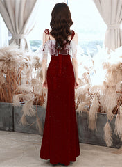 Dark Red Velvet Strapes Long Party Dress With Leg Slit, Dark Red Prom Dress