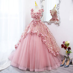 Lovely Pink Tulle Long Party Dress with Flowers, Pink Tulle Sweet 16 Gown