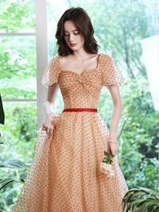 Champagne A line long prom dress sweetheart neck tulle formal evening dress