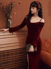 Wine Red Velvet Off Shoulder Long Mermaid Party Dress,Wine Red Wedding Party Dress