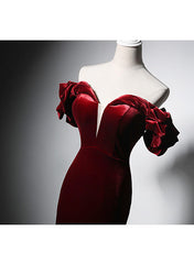 Wine Red Velvet Off Shoulder Mermaid Long Prom Dress, Long Lace-up Evening Dress