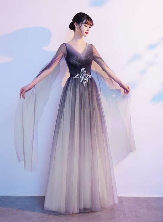 Gradient V-neckline Tulle Party Dress, A-line Gradient Evening Dress Prom Dress Evening Dress