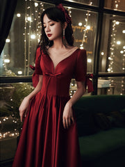 Burgundy Satin Short Sleeves A-line Floor Length Prom Dress, Burgundy Party Dress