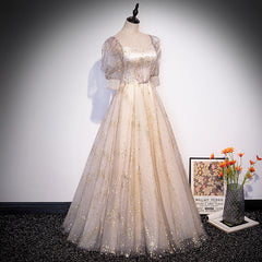 Light Champagne Short Sleeves Tulle Long Formal Dress, A-line Floor Length Party Dresses