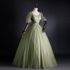 Light Green Tulle with Gold Lace Short Sleeves Formal Dress, Light Green Sweet 16 Gown