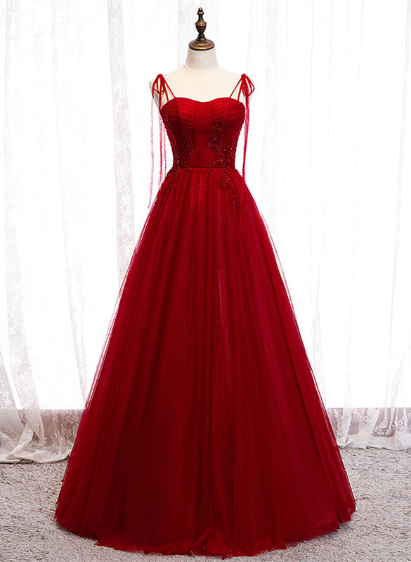 Wine Red Beaded Sweetheart Tulle Floor Length Party Dress, Wine Red Long Prom Dress