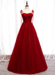 Wine Red Beaded Sweetheart Tulle Floor Length Party Dress, Wine Red Long Prom Dress