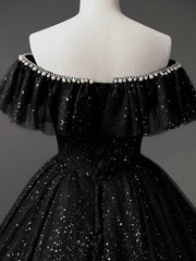 Black Off Shoulder Tulle Long Prom Dress, Black Formal Evening Dresses
