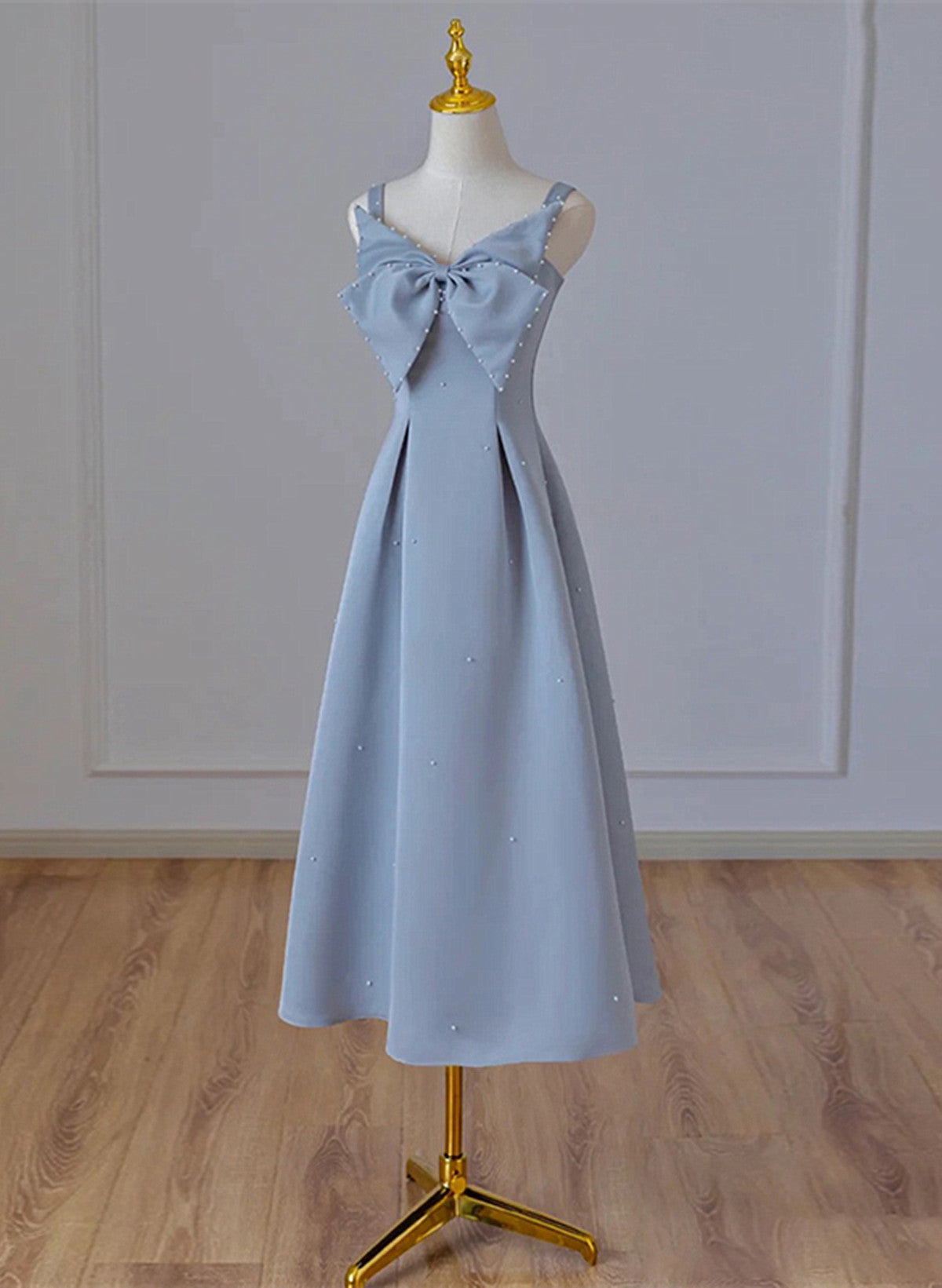 Grey Blue Tea Length Satin Straps Formal Dress, A-line Wedding Party Dress
