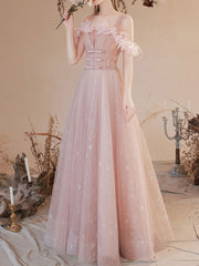 A Line Pink Long Prom Dresses, Off Shoulder Pink Formal Dress with Beading Flowers