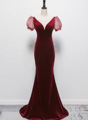 Wine Red Mermaid Velvet with Short Sleeves Formal Dress, Wine Red Evening Dress